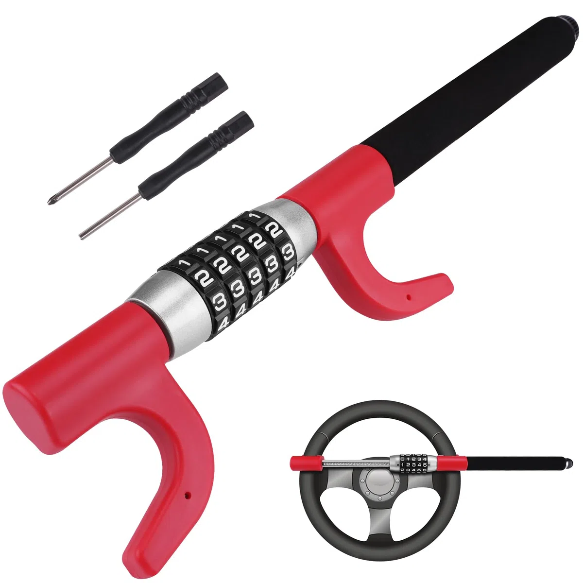 Tevlaphee Antifurto Auto Blocca Sterzo Automobile Bloccasterzo Auto Universale Sicurezza (Rosso)