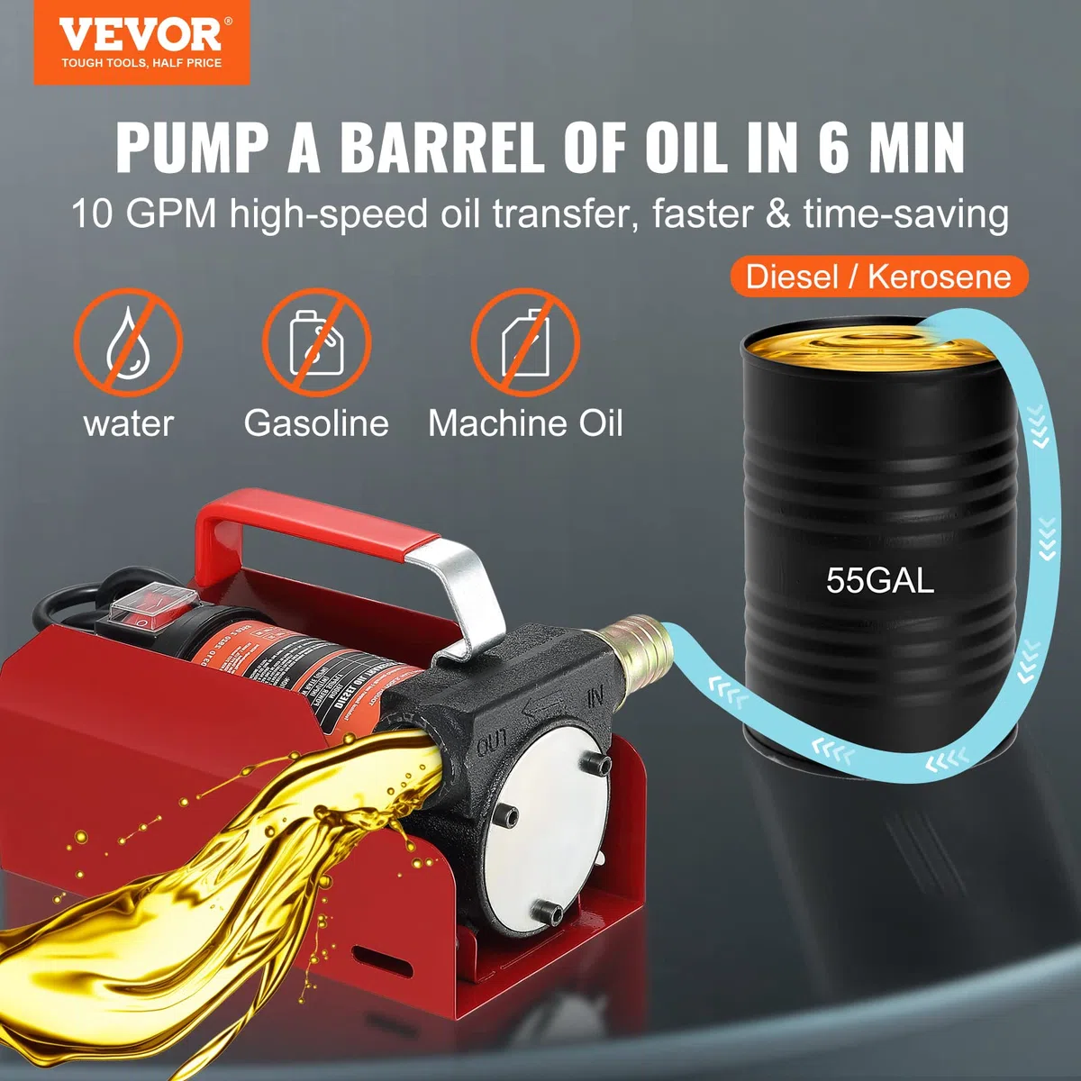 VEVOR Pompa Travaso per Diesel CC12V Portata 37,8L/min Portatile per Trasferimento Carburante nell'Officina, Pompa per Trasferimento del Diesel Cherosene Prevalenza Max. 8m in Lega di Alluminio Ghisa