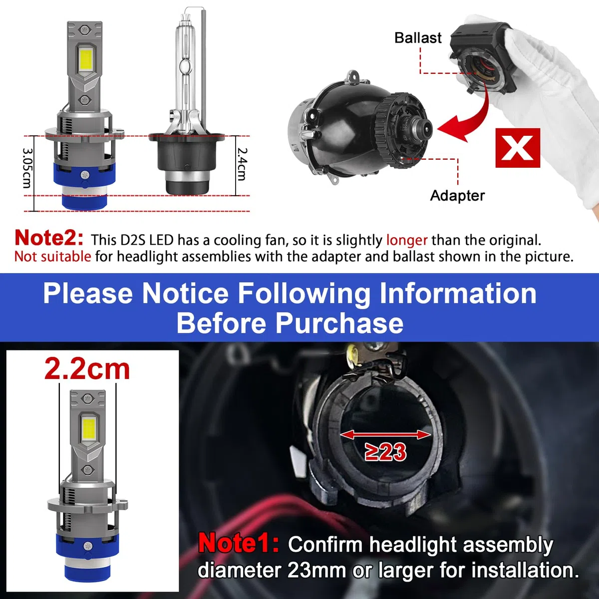 TECTICO D2S Lampadine LED per Fari Auto, 90W 12000LM 6000K Bianco Freddo, Abbaglianti/Anabbaglianti Plug and Play, Sostituzione Diretta OEM Xenon HID - 2 Lampade