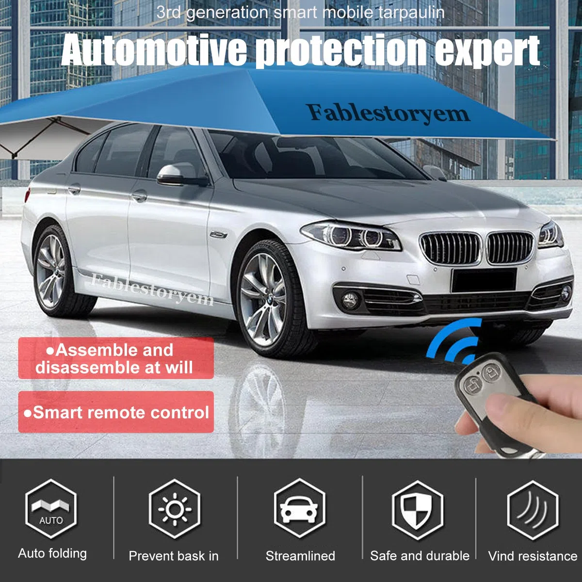 Ombrello Parasole Completamente Automatico per Auto, Parasole Pieghevole Elettrico per SUV con Isolamento Termico Telescopico, Telecomando Automatico, Uso Esterno,Silver gray-4.8m/189''