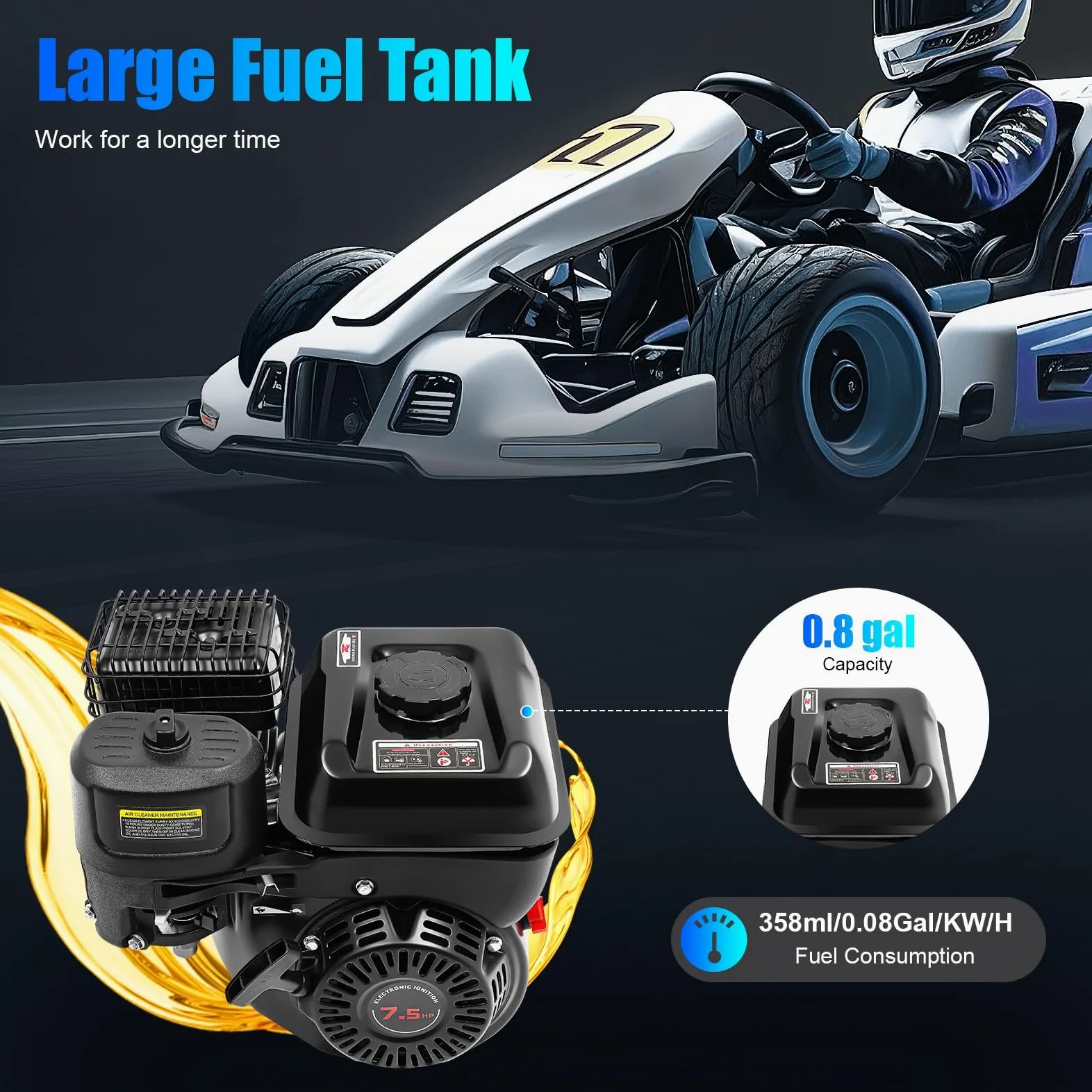 Motore a benzina 7,5 CV 4 tempi Motore industriale per kart Motore con raffreddamento ad aria con asse da 20 mm