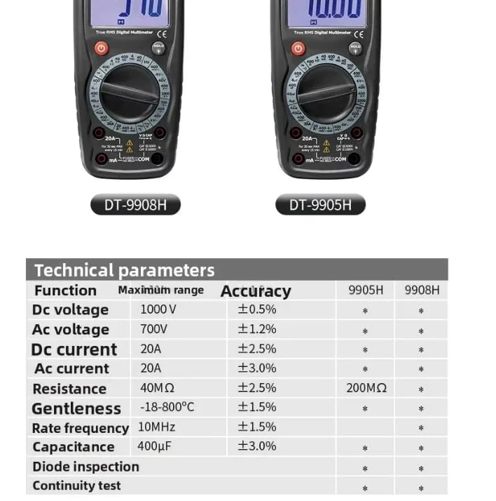 DT-9905H Retroilluminazione Multimetro Digitale Alta Precisione Gamma Manuale Misuratore Universale