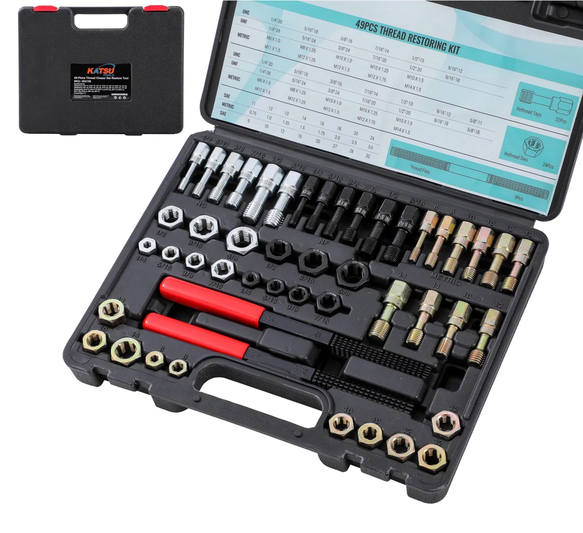 KATSU Tools Set di 49 pezzi per filettatura, kit di strumenti per la rifilatura, UNC UNF e strumento di ripristino filettatura metrica, 22 rubinetti, 24 matrici, 3 lime filettate, kit di riparazione
