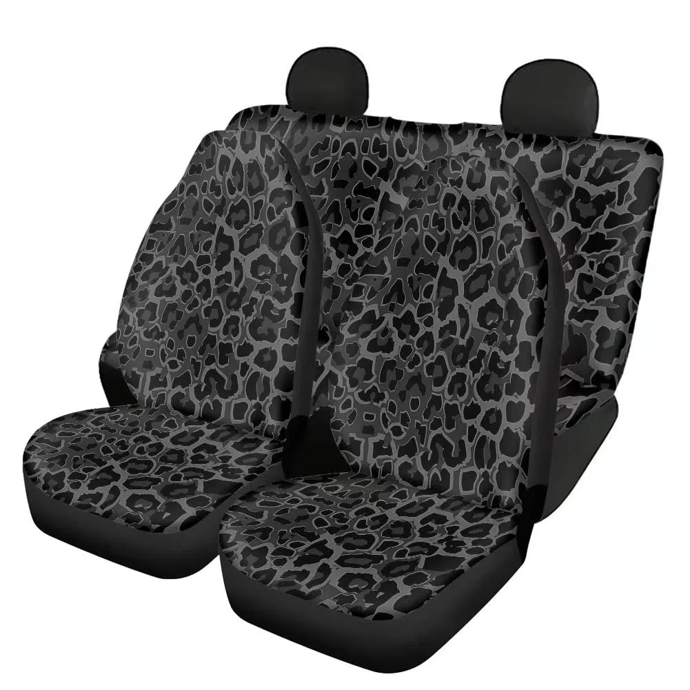 HUGS IDEA - Set completo di 4 coprisedili per auto con stampa leopardata nera classica, in poliestere elasticizzato, con schienale alto, design di ghepardo selvaggio