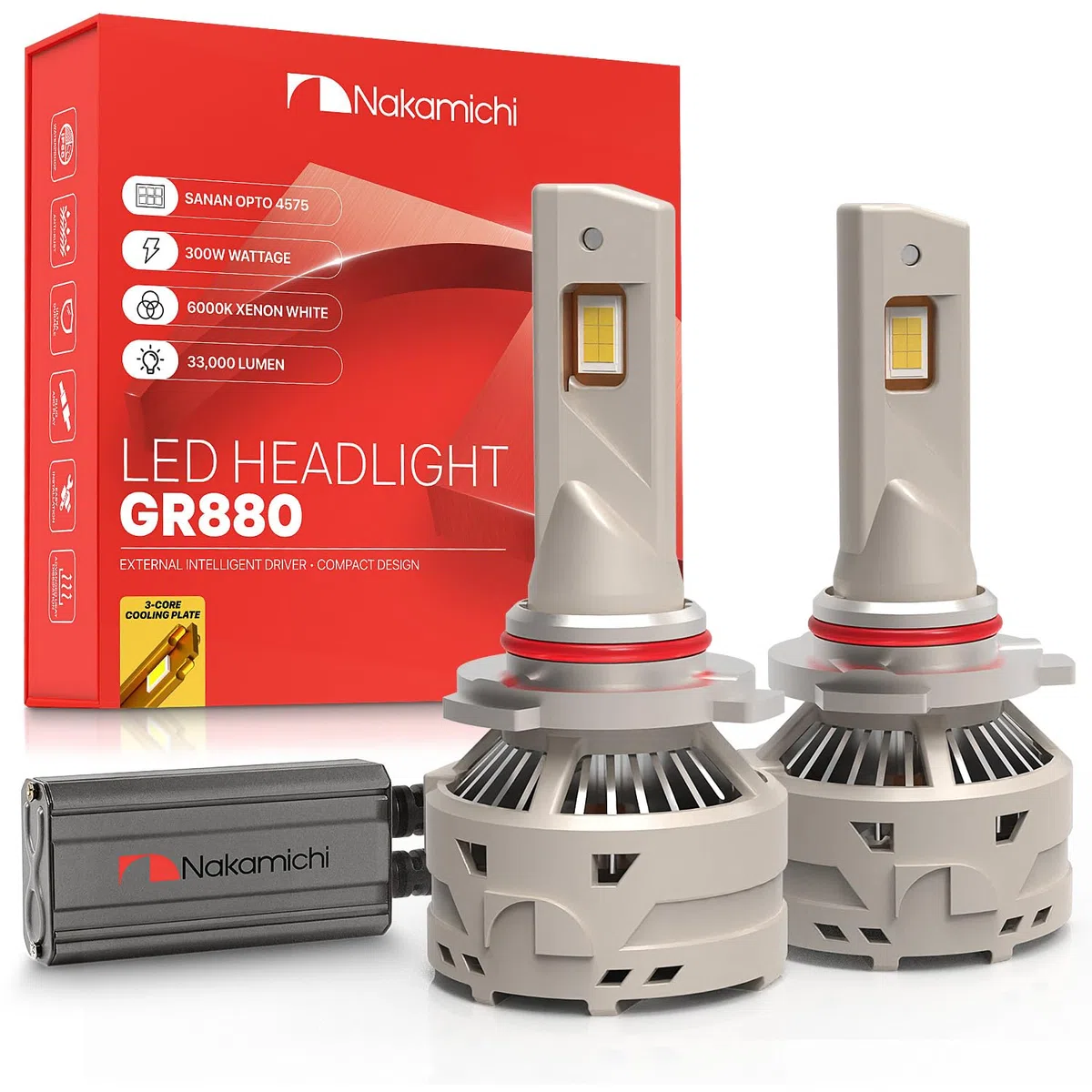 Nakamichi Lampadine LED GR880 Series 9006 Per La Sostituzione, 33,000 Lumen 300W Per Set, Bianco Xeno Super Luminoso, Collega E Usa, Abbaglianti E Anabbaglianti, Confezione Da 2, 6000K, 9006 (HB4)