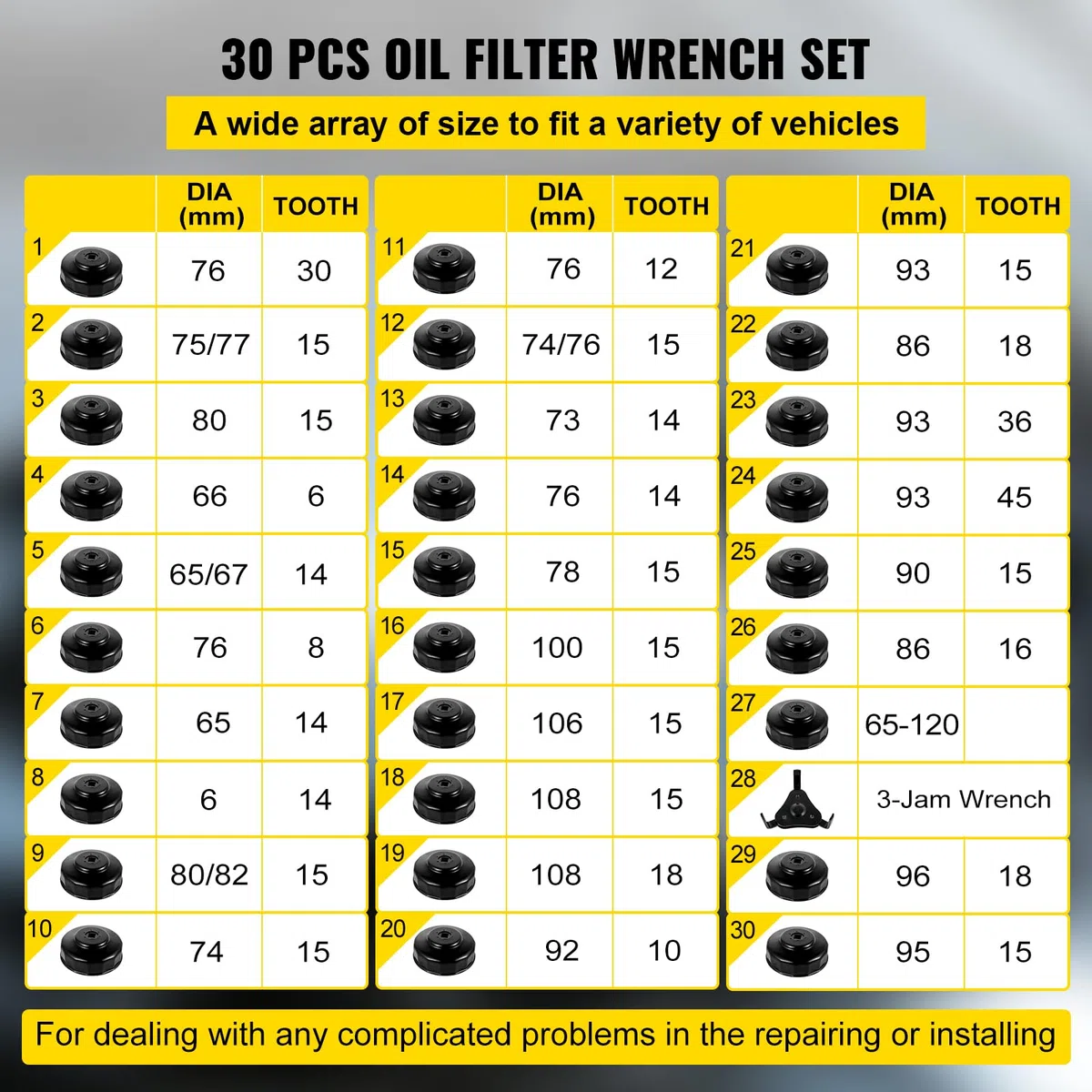 VEVOR Set di Chiavi a Tazza per Filtro Olio 30 Pezzi Set di Chiavi per Filtro Olio in Acciaio Testa 3/8 Pollici, Set Chiavi per Filtro Olio Auto Rimozione Filtro Olio 30 Pezzi in Valigetta Portatile