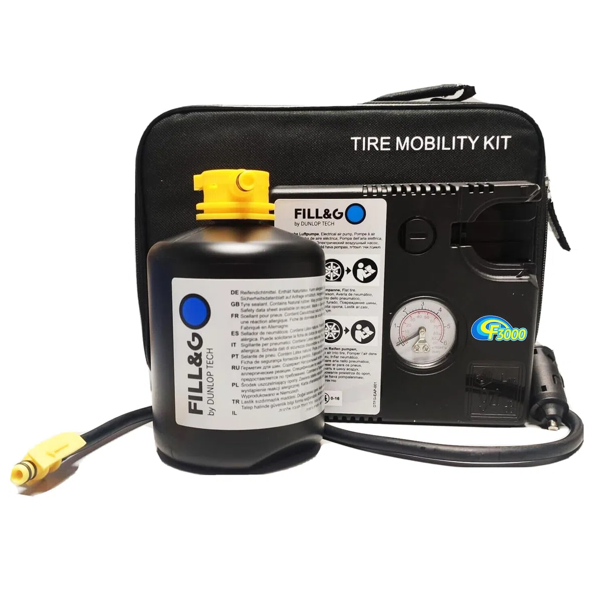 Sistema di Riparazione Pneumatici Kit Gonfia e Ripara Fill&Go by Dunlop Tech per MERCEDES-BENZ CLASSE R tutte le versioni, Pompa Elettrica da 620 ML