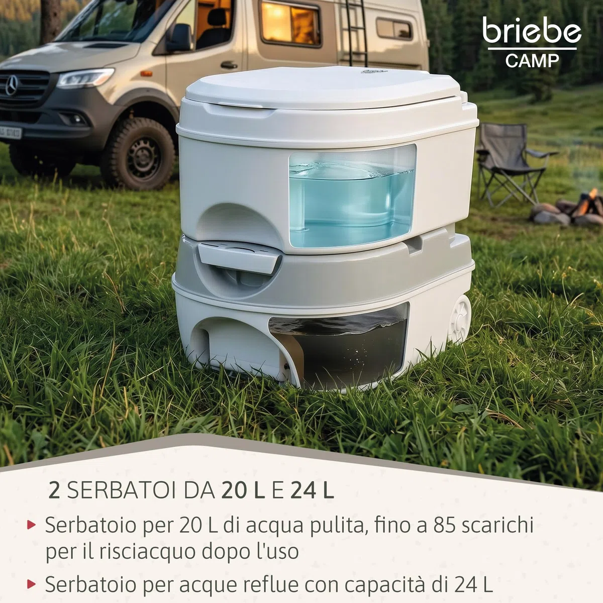 briebe Camp WC Portatile 24L Bagno Chimico, Campeggio, Camper, Roulotte, Barca e Outdoor, Serbatoio di Scarico dell'Acqua con Pompa a Pistone 20L, Potty