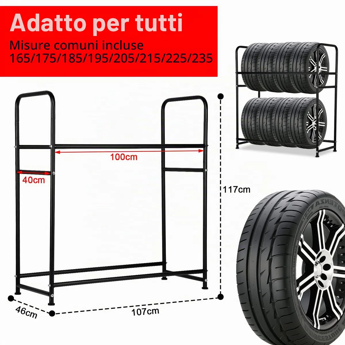 Supporto per 8 Pneumatici, Supporto per Gomme 107 x 46 x 117 cm, Supporto per Cerchi per Pneumatici Auto, Capacità di Carico 180 kg, Supporto per Cerchi con Copertura Protettiva, Regolabile in