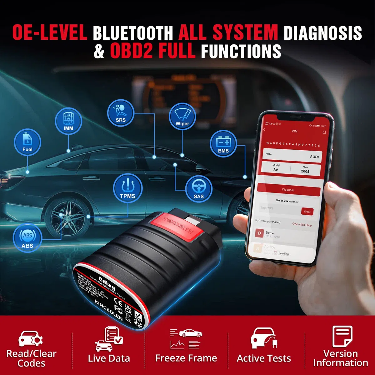 KINGBOLEN EDIAG OBD2 Auto Diagnostica Bluetooth Tutto il Sistema Bidirezionale obd2 Bluetooth Scanner Auto, Livello OE, Codifica ECU, 15+ RESET,AUTO VIN, Tutto il software 1 anno iPhone e Android