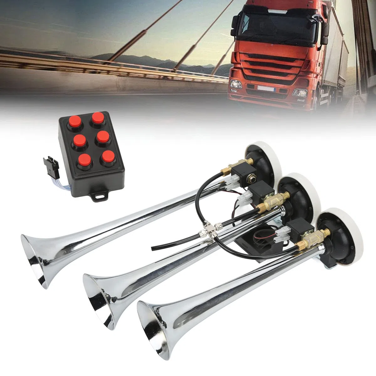 Tromba Ad Aria Compressa a 3 Trombe in Lega di Alluminio Aramox, 6 Melodie Cromate 305/342/385x79mm DC12V/24V, Adatta per Auto Club, Camion, Yacht