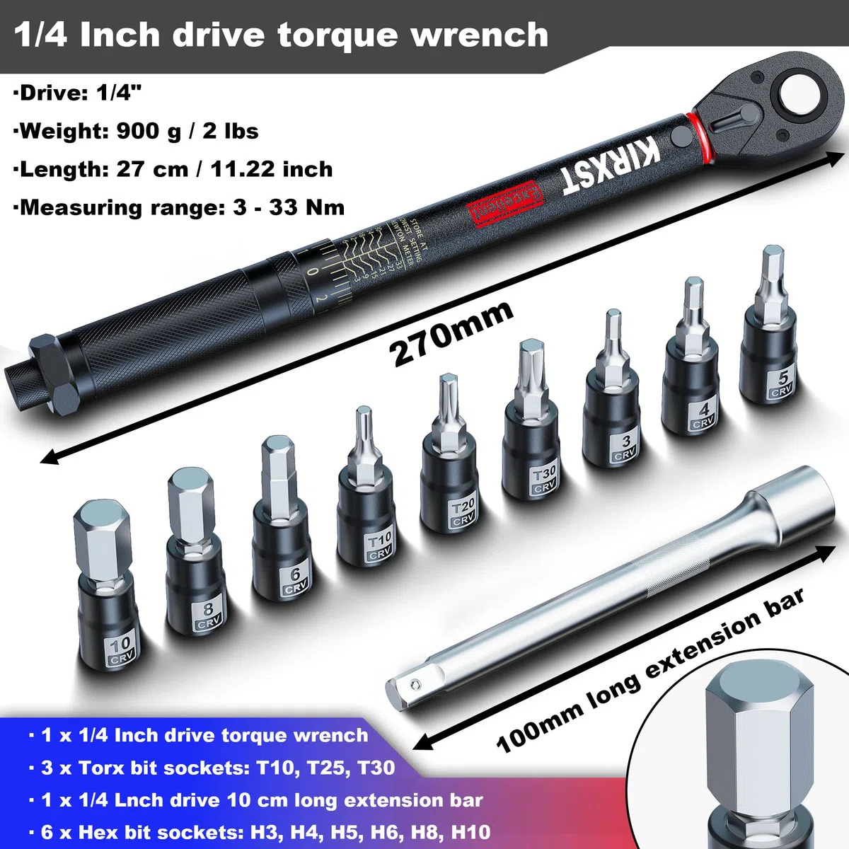 Chiave Dinamometrica 1/4'' 3-33 Nm Set, Bici, Auto e Moto Set Chiavi Dinamometriche, Nero