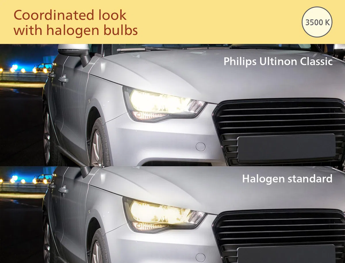 Philips Ultinon Classic lampadina LED per fari auto (H11), luce bianca calda 3.500K, luce colorata alogena, 80% di luminosità in più, lampadina LED facile da montare, set da 2