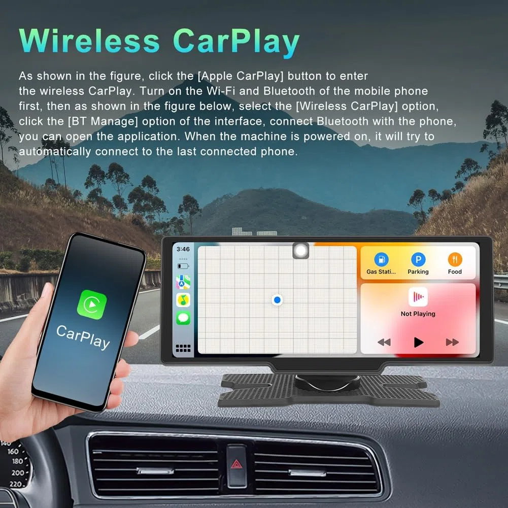 Monitor per Auto da 10,26 Pollici con Schermo HD Wireless CarPlay Android Auto Trasmettitore FM Bluetooth Lettore Video