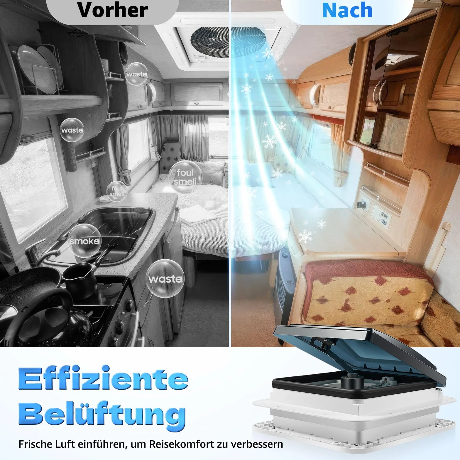 Camper lucernario, ventilazione insonorizzata con LED, 36 x 36 cm, ventilazione per camper, flusso d'aria 5 – 35 m³/min, IP68, impermeabile, per camper con dimensioni di apertura 11,02 x