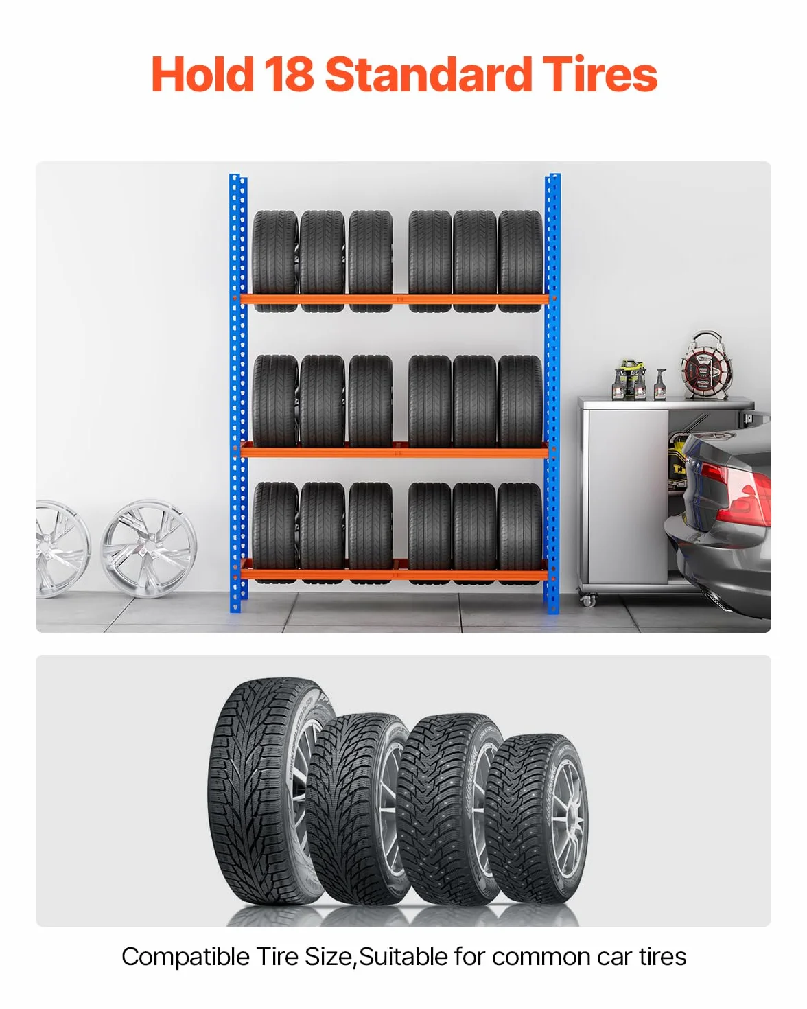 VEVOR Scaffale Porta Gomme Auto a 3 Ripiani, Fino a 18 Pneumatici Standard, Supporto Pneumatici per Impieghi Gravosi SPCC-SD con Spaziatura Regolabile per Garage e Officina, capacità di Carico 300 kg