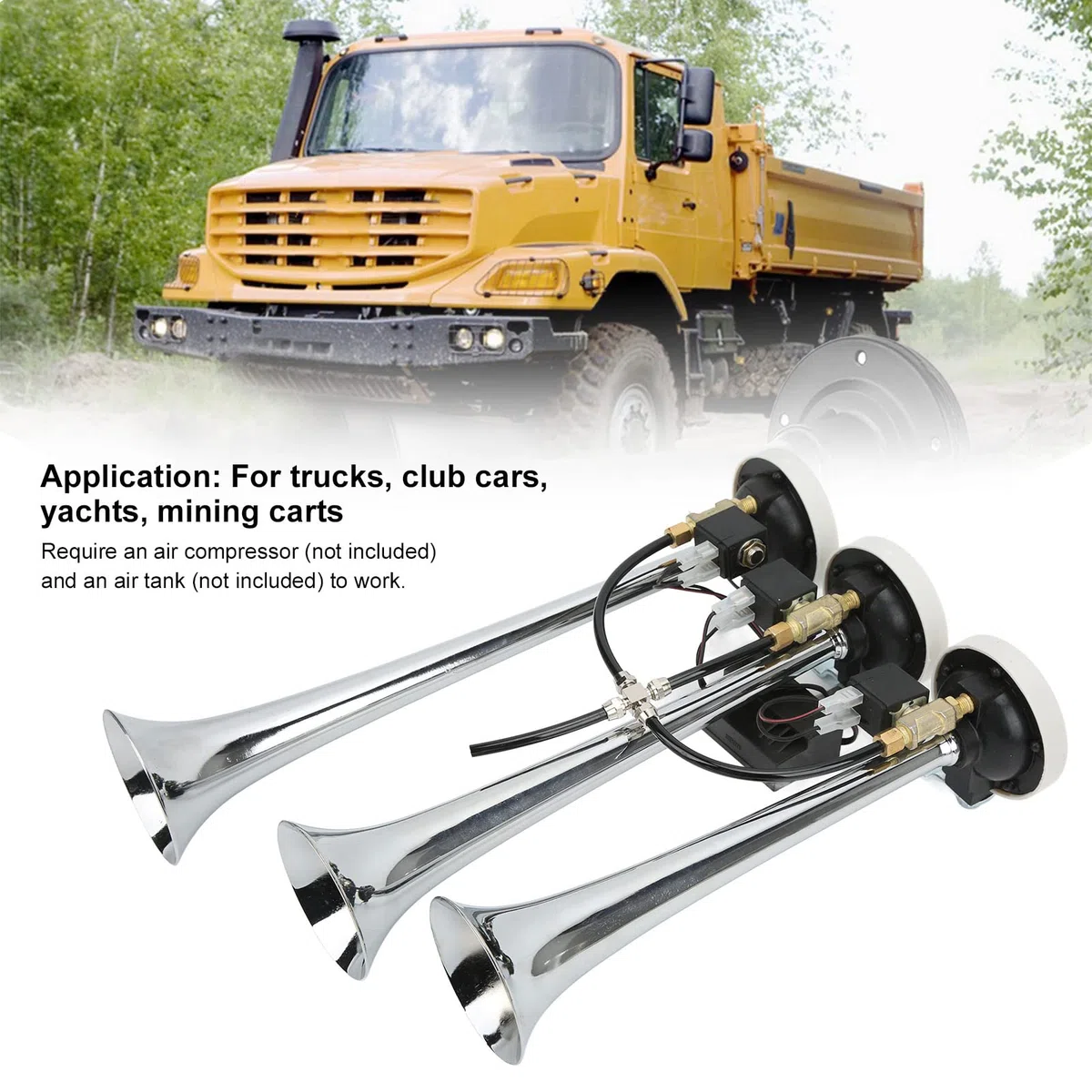 Tromba Ad Aria Compressa a 3 Trombe in Lega di Alluminio Aramox, 6 Melodie Cromate 305/342/385x79mm DC12V/24V, Adatta per Auto Club, Camion, Yacht