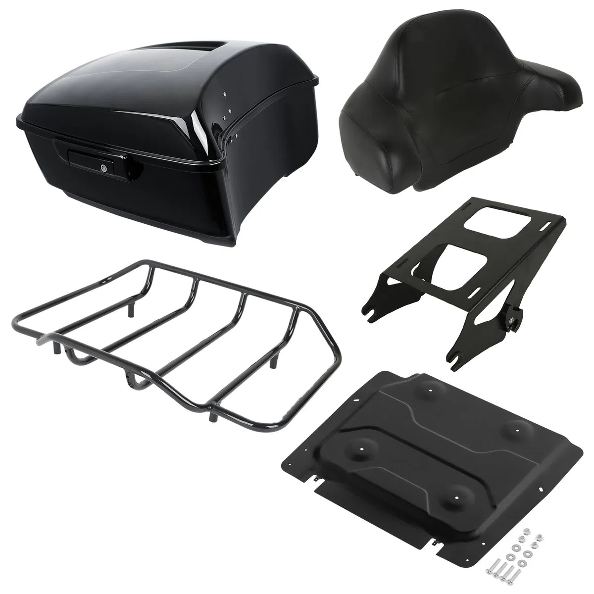 XMT-MOTO King Tour Trunk + schienale avvolgente + 2 rack di montaggio + portapacchi superiore + piastra di base nera adatta per Harley Touring Road King Street Electra Glide Ultra-Classic 2014-2025