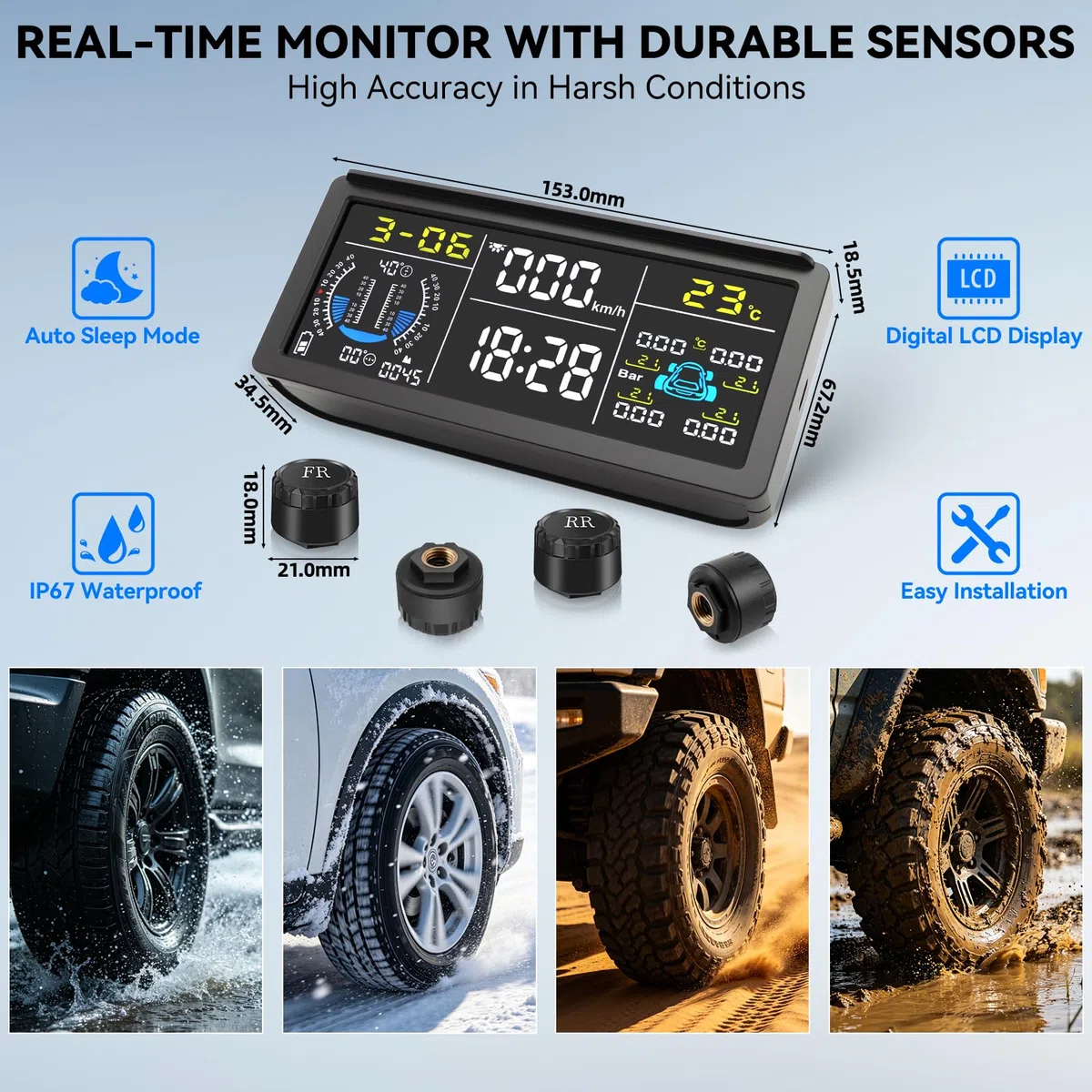 Sistema di Monitoraggio della Pressione dei Pneumatici 0-199 Psi | Monitor Wireless A Energia Solare Con Indicazione Di Pendenza/Velocità/Altitudine/Ora, 4 Sensori, 6 Modalità Di Allarme