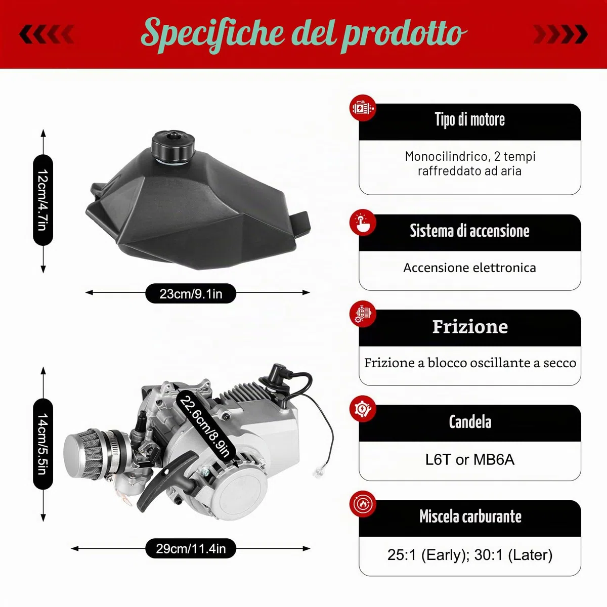 Pullstart Engine Motor Kit 49cc 2 Tempi Motore con Catena 25H 136L Serbatoio Carburante per Mini Dirt Bike, Pocket ATV, Scooter
