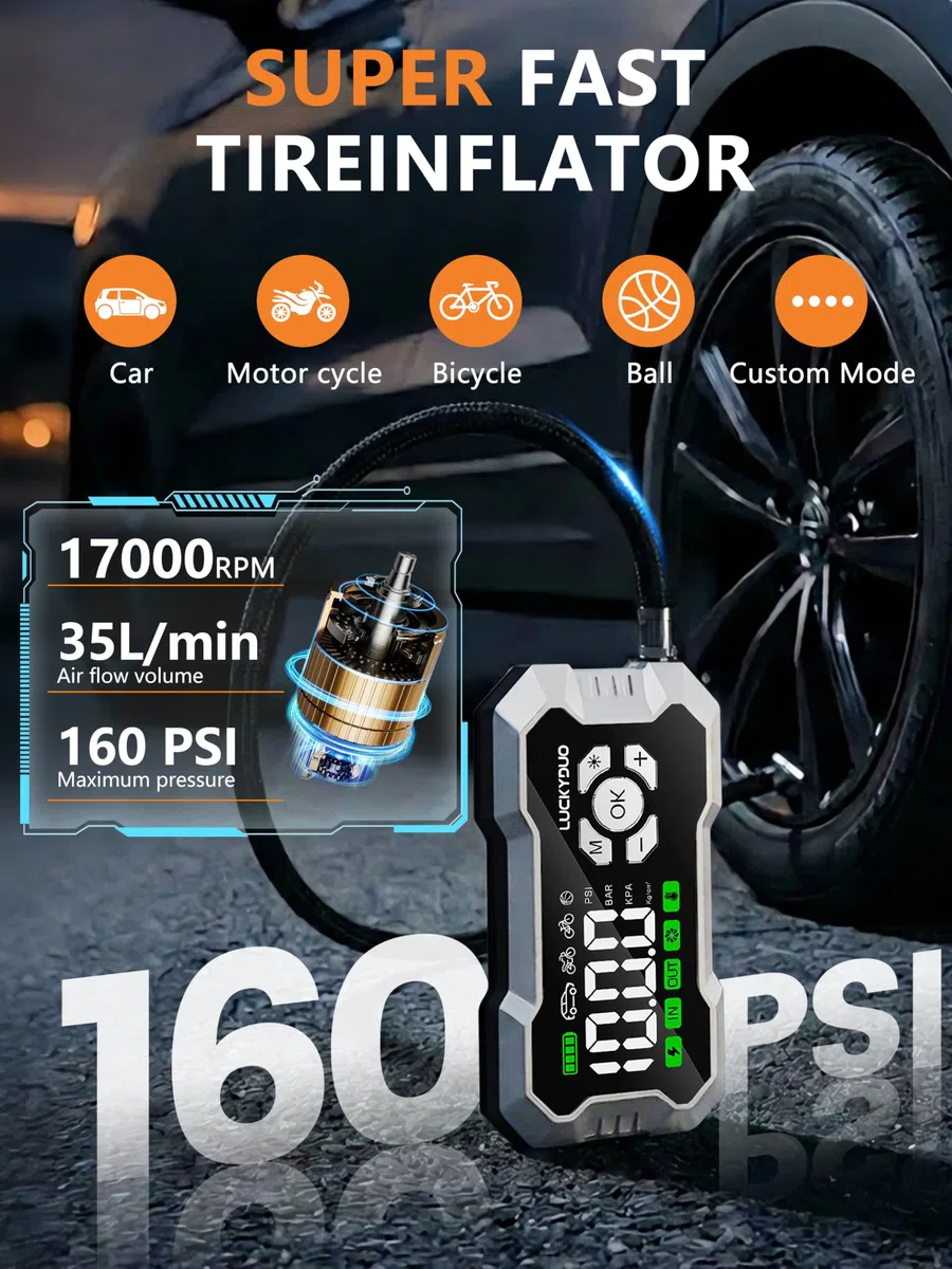 LUCKYDUO Avviatore 8000A con Compressore 160PSI, 20000mAh | Avviatore 2-in-1 con compressore 160PSI, 8000A, 4 modalità, display LCD, 20000mAh, torcia LED 4 modalità, kit completo