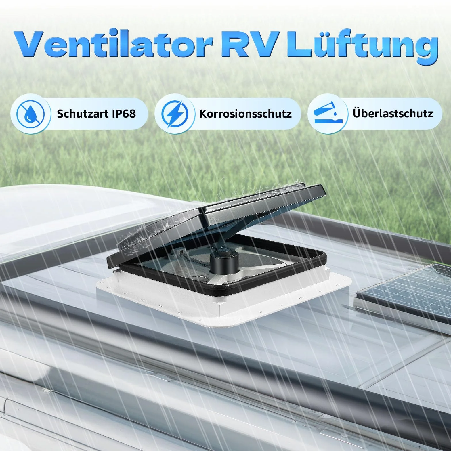 Camper lucernario, ventilazione insonorizzata con LED, 36 x 36 cm, ventilazione per camper, flusso d'aria 5 – 35 m³/min, IP68, impermeabile, per camper con dimensioni di apertura 11,02 x