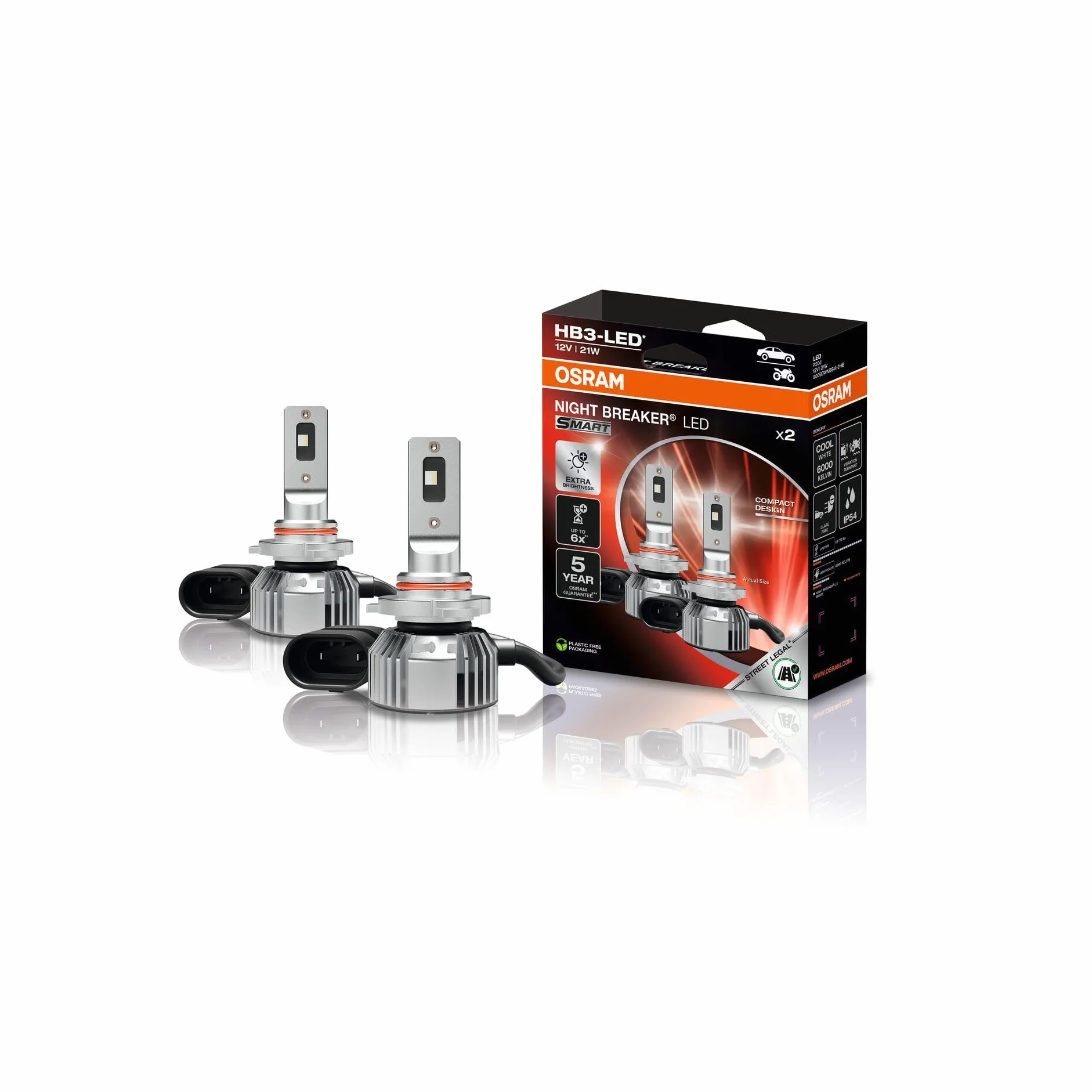 OSRAM NIGHT BREAKER LED SMART HB3; 6000K, fari abbaglianti e anabbaglianti a LED con omologazione stradale; 12V