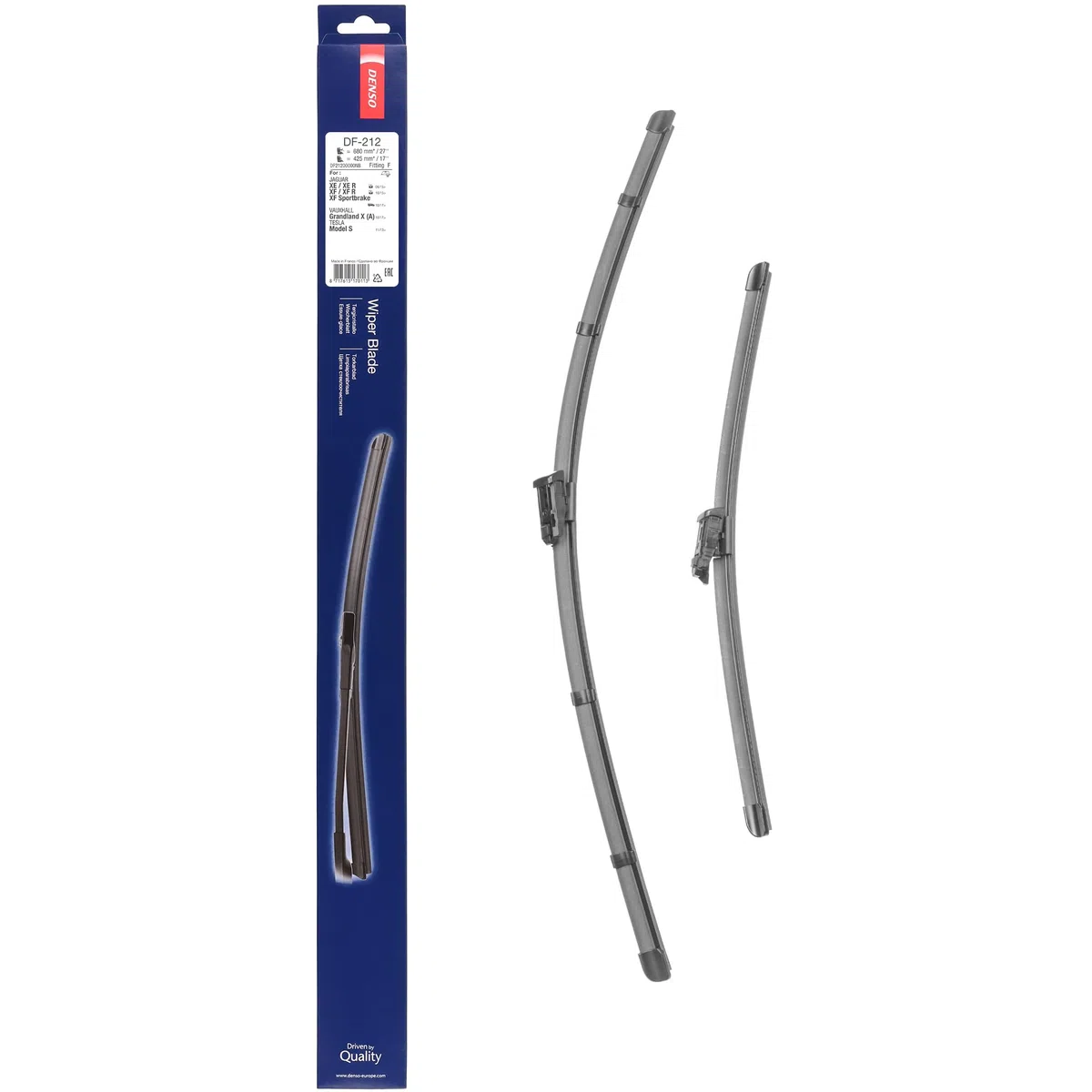 Kit Spazzole Tergicristallo Flat DENSO (DF-212) Contiene 2 Pezzi per Veicoli con Guida a Destra, 680/430 mm, Tergicristallo Silenzioso e Durevole con Design Aerodinamico - Qualità OE | Compatibile con: JAGUAR XE, XF II, TESLA MODEL S, VAUXHALL GRANDLAND X