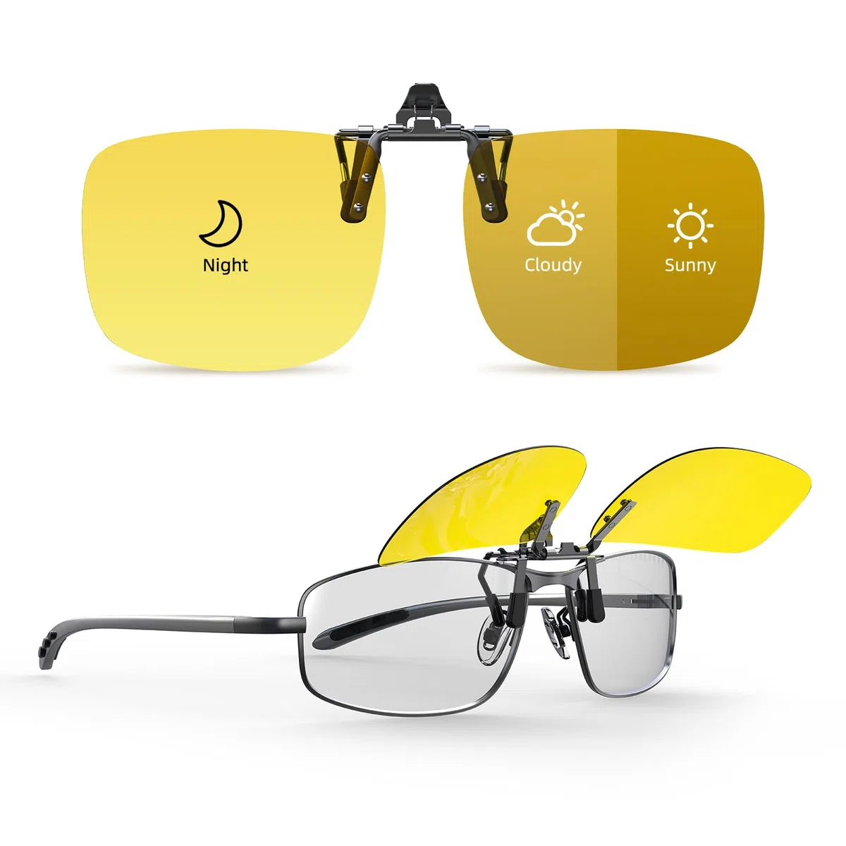 Goiteia Occhiali fotocromatici con clip per guida notturna, unisex, ribaltabili, anti abbagliamento da fari/lampadine a LED, protezione UV400