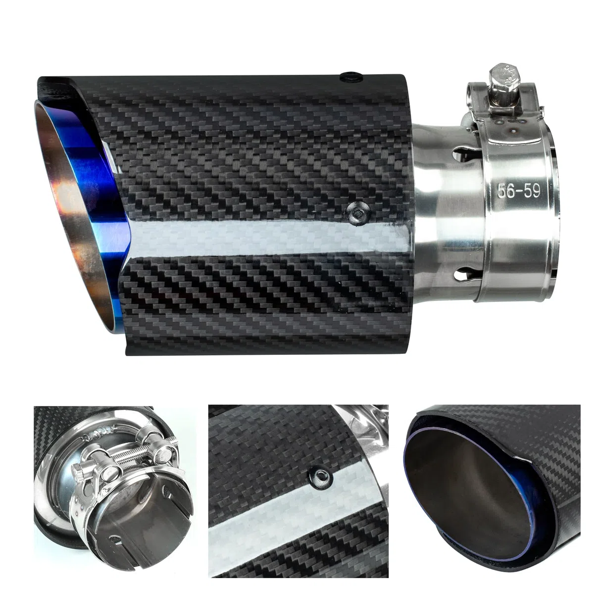 Catekro 54mm Terminale Scarico Auto Universale, Uscita Scarico, Blu Nero | in Acciaio Inox 304 & Fibra di Carbonio Tubo Terminale Marmitta Sportivo Fissare con Bulloni Chiave Inclusa