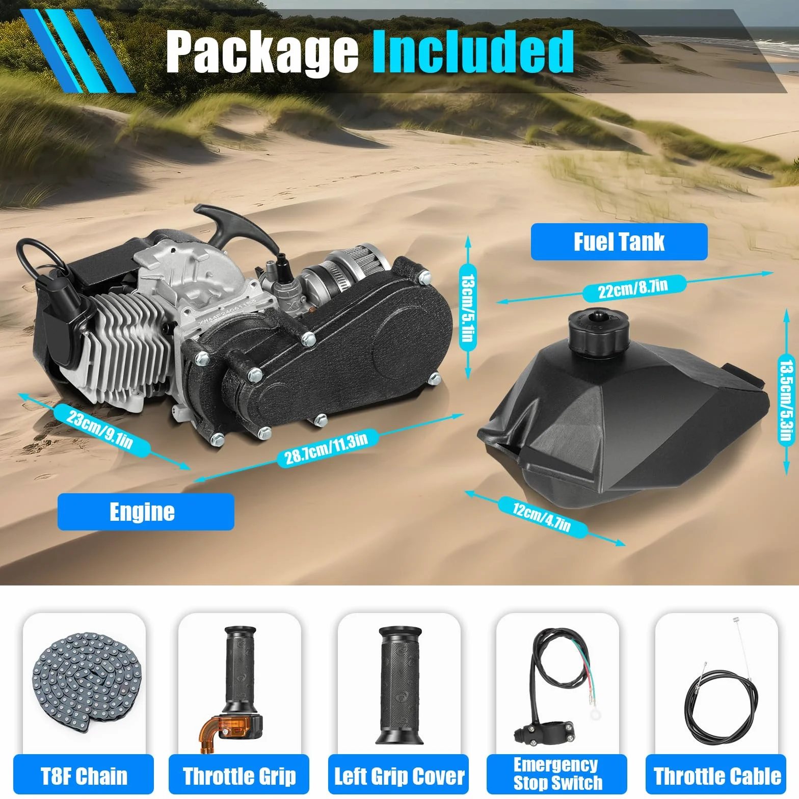 Motore 2 tempi 49 cc Pocket Bike con raffreddamento ad aria e carburatore, motore monocilindrico a benzina con avviamento a fune, potente kit motore per veicoli fuoristrada e scooter