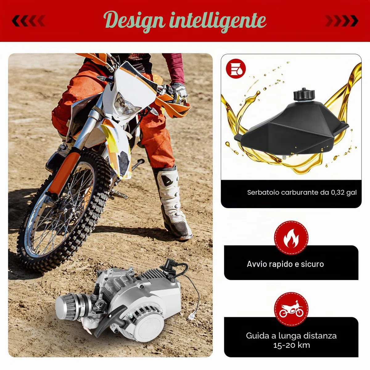 Pullstart Engine Motor Kit 49cc 2 Tempi Motore con Catena 25H 136L Serbatoio Carburante per Mini Dirt Bike, Pocket ATV, Scooter