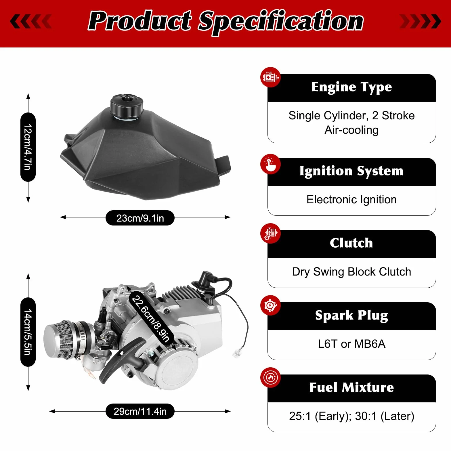 Kit motore da bicicletta a 2 tempi 49 CC Mini Dirt Bike Motore Bicicletta Benzina Bike Mini Motore Singolo Cilindro Raffreddamento ad Aria ATV Scooter Motore per Pocket Bike Beach Bike