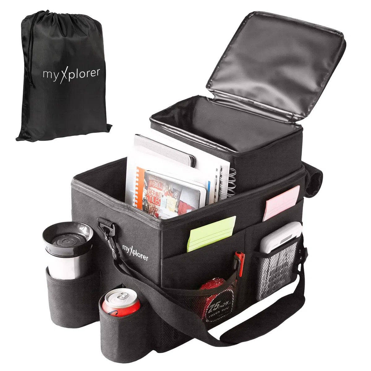Organizzatore per sedile anteriore per furgone e auto con sacchetto termico, vano portaoggetti multi-scomparto, cinghia di trasporto imbottita, clip antiscivolo, 26 L (nero)