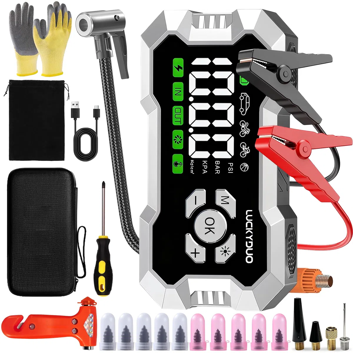 LUCKYDUO Avviatore 8000A con Compressore 160PSI, 20000mAh | Avviatore 2-in-1 con compressore 160PSI, 8000A, 4 modalità, display LCD, 20000mAh, torcia LED 4 modalità, kit completo