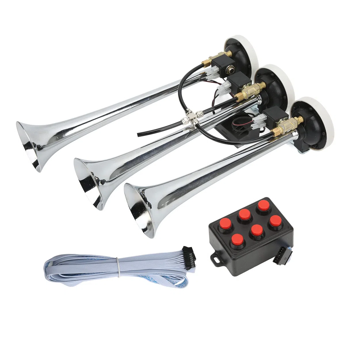 Tromba Ad Aria Compressa a 3 Trombe in Lega di Alluminio Aramox, 6 Melodie Cromate 305/342/385x79mm DC12V/24V, Adatta per Auto Club, Camion, Yacht