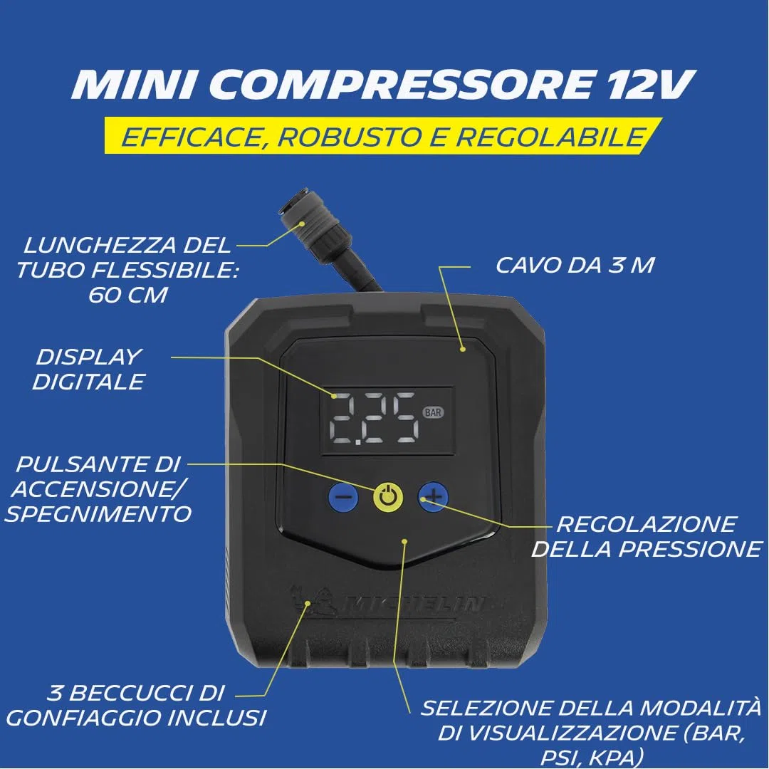 MICHELIN 009541 Mini Compressore d’Aria 12V – Portata 20L al minuto – Gonfiatore per Pneumatici Auto – Pressione Programmabile 8 BAR 138W – Attacco a Connessione Rapida – 3 Adattatori