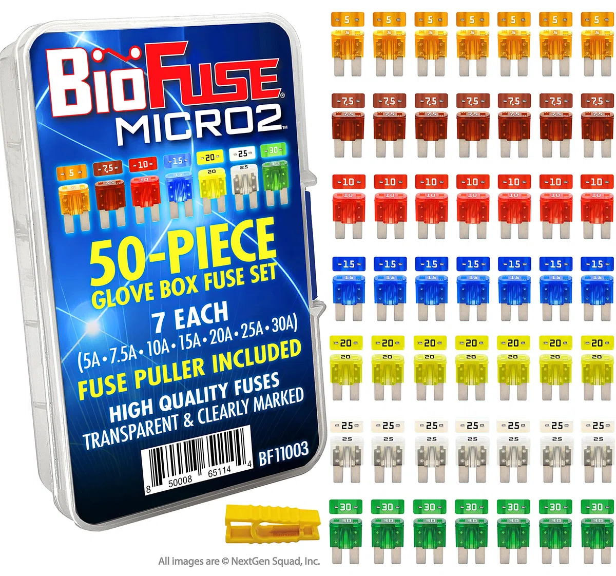 Micro2 APT ATR - Set di 50 fusibili per auto, assortimento di guanti, accessori per auto (49 fusibili a lama + estrattore di fusibili) 5A 7,5A 10A 15A 20A 25A 30A