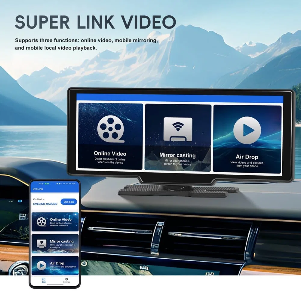 Monitor per Auto da 10,26 Pollici con Schermo HD Wireless CarPlay Android Auto Trasmettitore FM Bluetooth Lettore Video