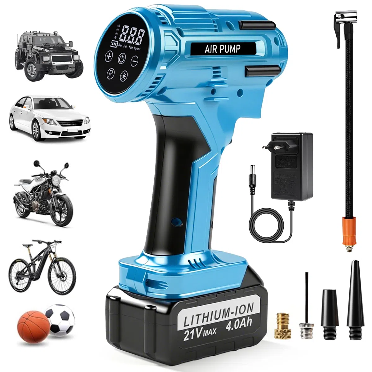 Compressore Portatile per Auto 150PSI, 800W Potente Compressore a Batteria 21V 4,0Ah, Valori Preimpostati, Luce LED & Display LED, per Auto Moto Biciclette Monopattini o Palloni