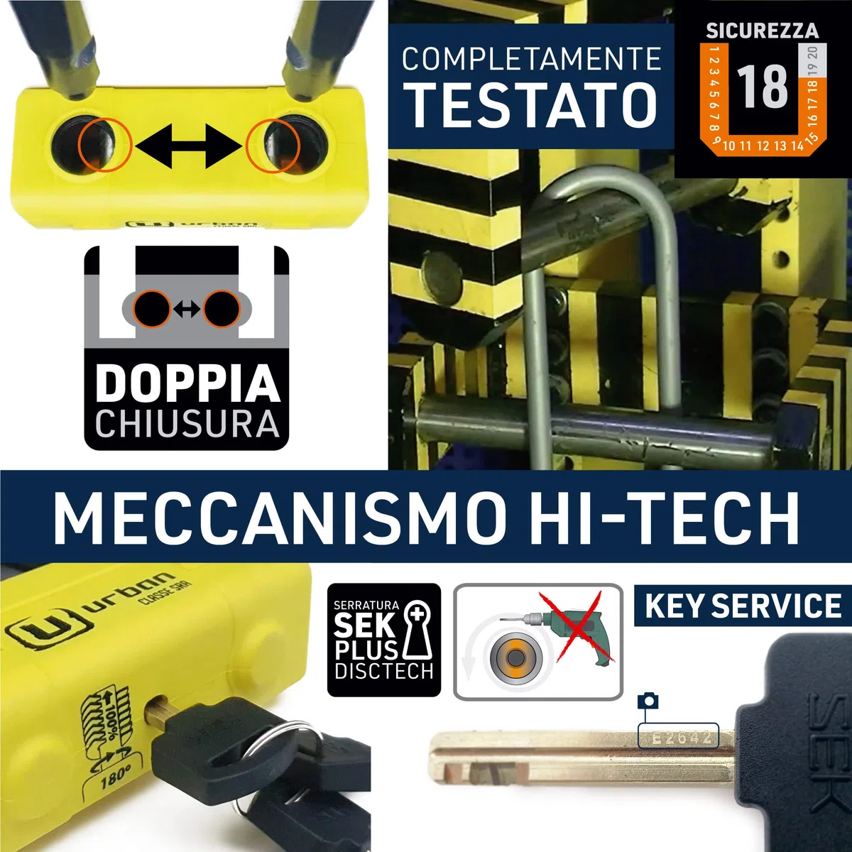 URBAN UR75 Antifurto Bloccadisco Moto Mini U Testato Massima Sicurezza, Omologato SRA, Arco in Acciaio Cementato ø18 con Doppia Chiusura, Più Versatile e Deterrente, Cavo Promemoria, Lucchetto Moto