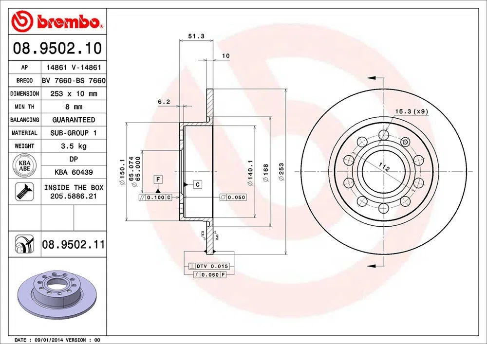 Brembo 08.9502.11 - Disco Freno con Verniciatura UV (Set di 2) - Posteriore