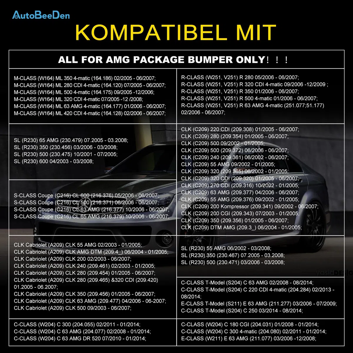 Fendinebbia compatibile con Mercedes Benz W164 W251 V251 R230 C209 C216 A209 S204 W204 W211, (Classe C CLK E M R S SL), 2002-2014, adatto solo per paraurti pacchetto AMG (Fumo Nero)
