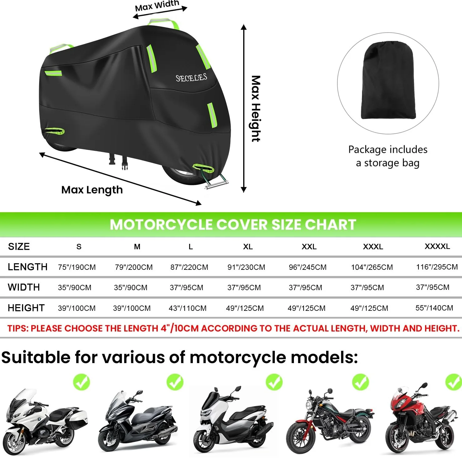 SECELES Telo Moto per Esterno Interno 300D Oxford, Telo Coprimoto Impermeabile con 7 strisce riflettenti e 2 fori di bloccaggio, Telone Moto per Scooter Motocicletta Motocross (XL: 230 x 95 x 125 cm)