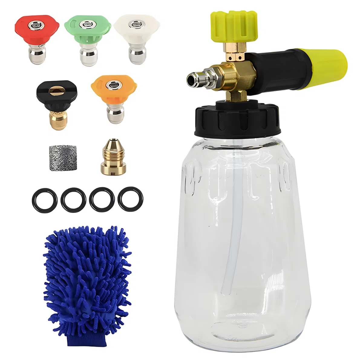 Kit di cannone in schiuma idropulitrice da 1 l con 5 ugelli a innesto rapido, bottiglia PA, ugello atomizzatore e filtro in ottone, kit per lavaggio auto, pulizia veicoli, trasparente