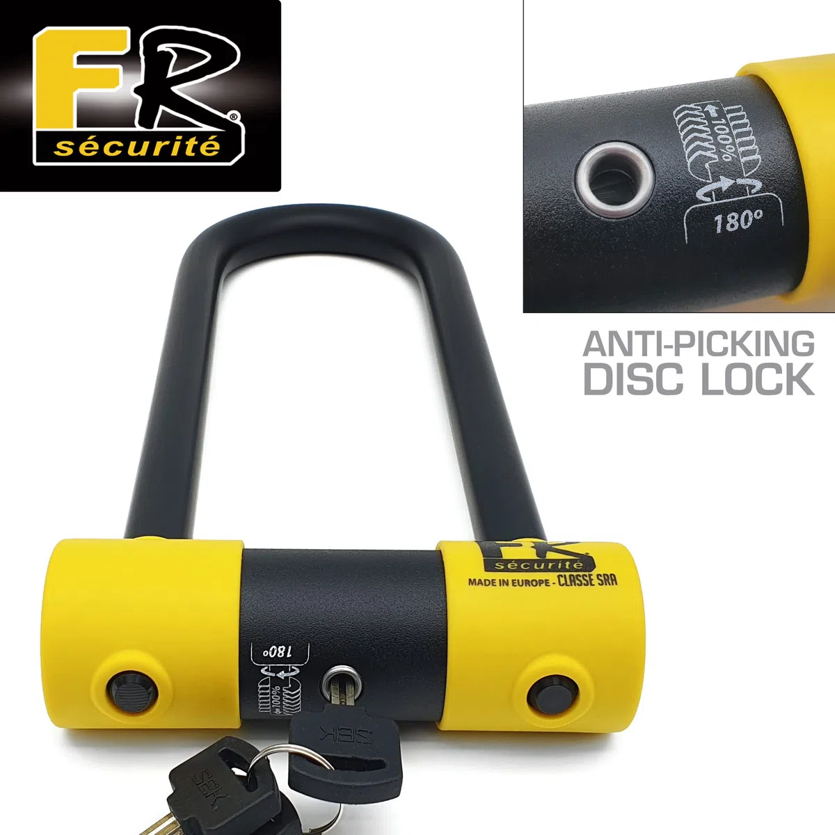 FR SECURITE FR85300 Lucchetto a U Alta Sicurezza Omologato SRA, Arco ø18 Acciaio Temperato Doppio Blocco Antigraffio, Serratura Antistrappo, U-lock Antifurto 85x300mm per Moto, Scooter, Bici