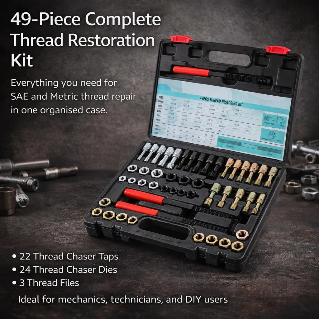 KATSU Tools Set di 49 pezzi per filettatura, kit di strumenti per la rifilatura, UNC UNF e strumento di ripristino filettatura metrica, 22 rubinetti, 24 matrici, 3 lime filettate, kit di riparazione