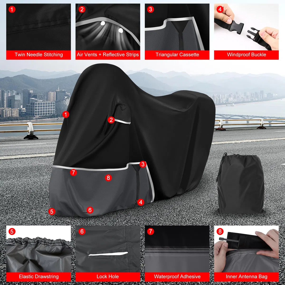 Telo Copri da Esterno per Piaggio mp3 400/500 (con bagagliaio), Telo Copertura Coprimoto Copri Moto mp3 400 500 420D Tessuto Oxford Impermeabile Resistente All'inverno, Nero e grigio scuro