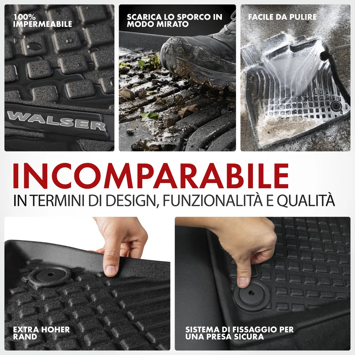 WALSER tappetini premium per auto compatibili con Audi A4 B9/Allroad B9/Avant B9 2015-2024, A5 Sportback 2016-Oggi, tappetini in gomma per auto 100% su misura - made in EU