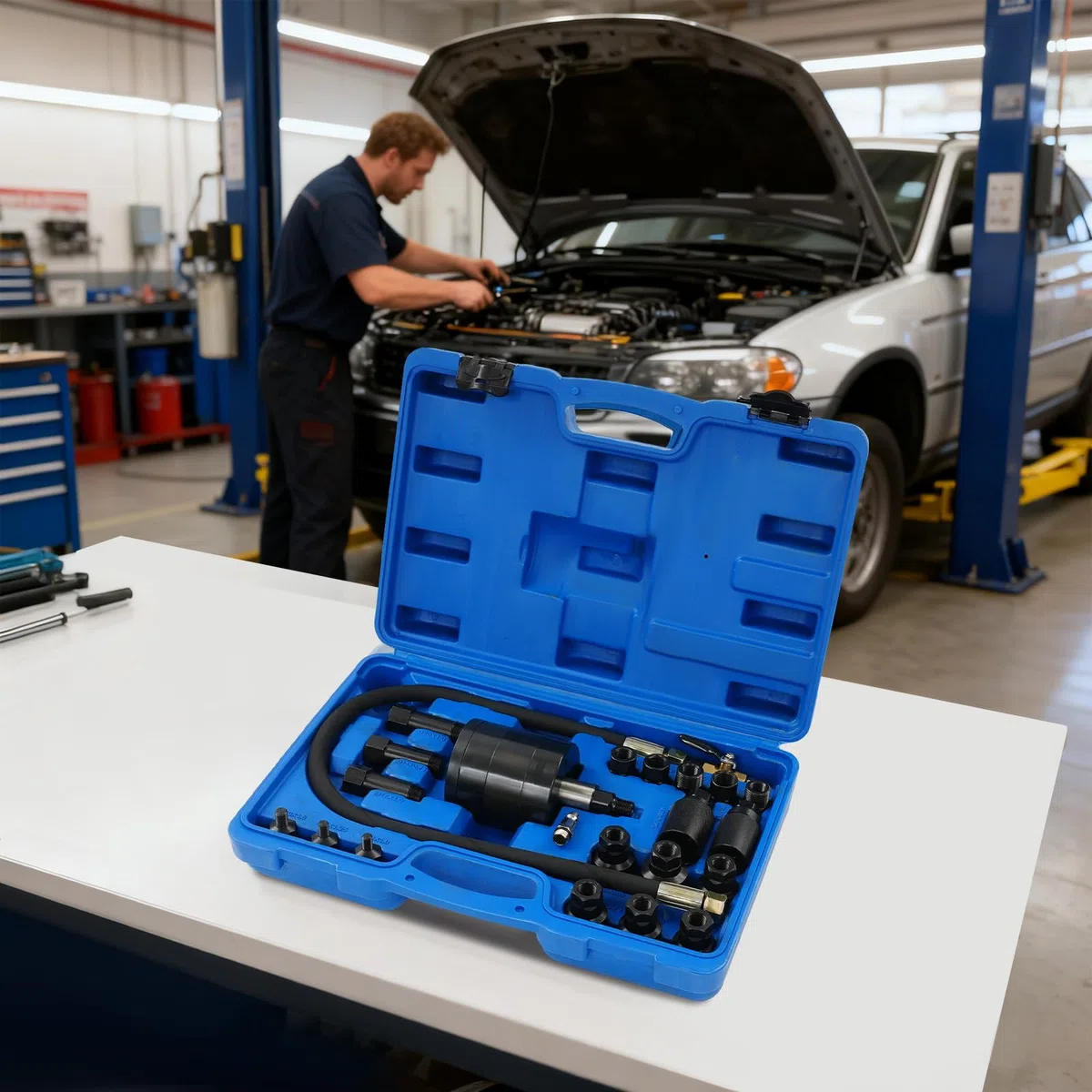 Estrattore per iniettori diesel, 23 pezzi, estrattore per iniettori pneumatici, con adattatore, con 19 adattatori per officina auto, 39 x 26 x 11 cm